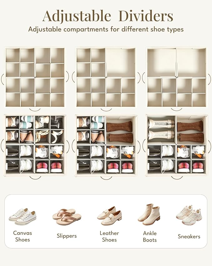 Shoe Organizer for Closet with Wheels - 2 Pack Shoe Storage Box Bin Cubes | Detachable Wheels | Fits 32 Pairs | Adjustable Dividers | Side Pockets | Clear Cover | Foldable | Stackable | Label Holder