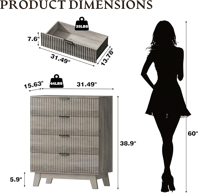 BORNOON 39" Tall Dresser for Bedroom, 4-Drawer Fluted Chest of Drawers, Modern Wood Highboy with Deep Storage, Metal Slides & Handles, Anti-Tip Kit, Vertical Clothes Organizer for Apartment, Nursery