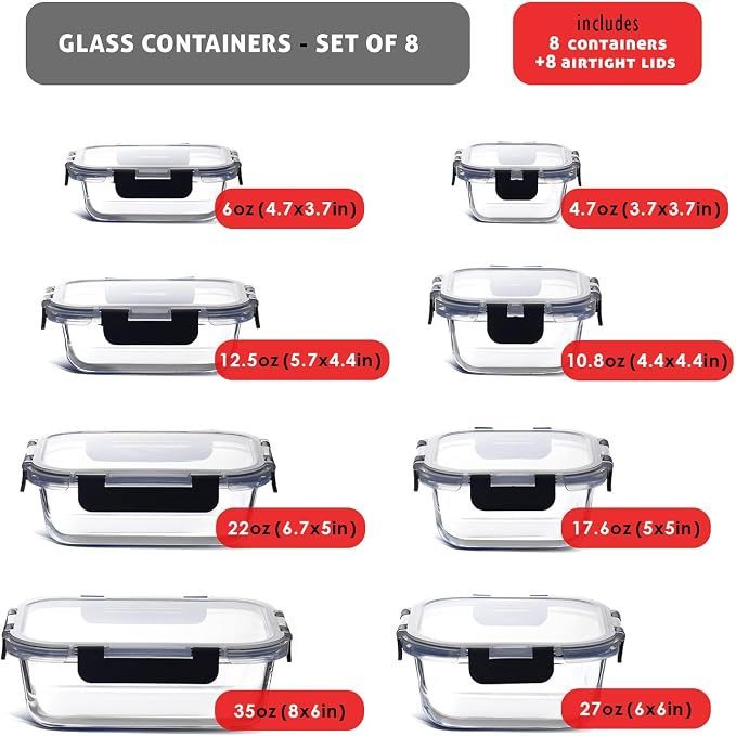 EATEX 16pc Glass Food Storage Containers with Lids, Airtight Glass Meal Prep Containers, 8 Reusable Food Storage Bins with 8 Leakproof Snap Lock Lids, Oven Microwave Freezer Safe Containers New