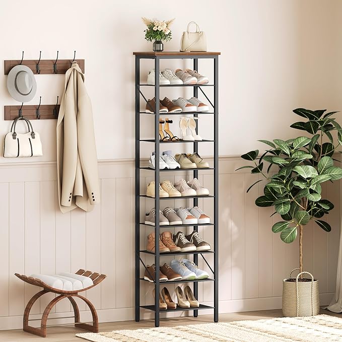 MAHANCRIS 10 Tier Narrow Shoe Rack Organizer, Tall Slim Shoe Storage for Small Space, Holds 10-20 Pairs, Metal Shoe Shelf with Wooden Top for Entryway Closet Bedroom, Rustic Brown and Black SRHR11401