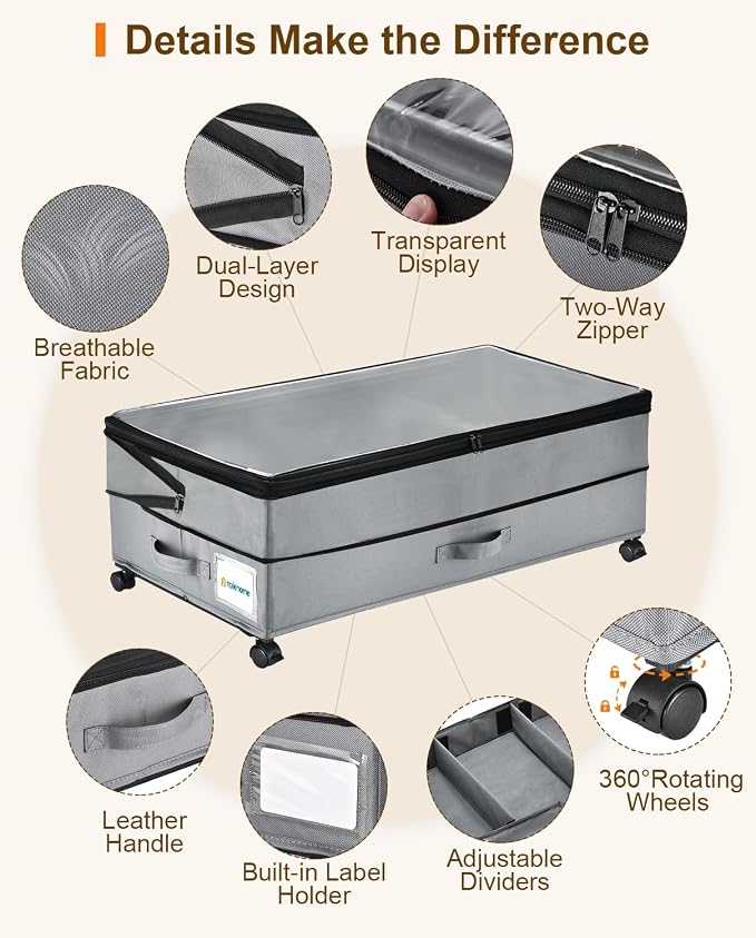 Under Bed Storage w/Wheels,70L Under Bed Containers,2 Pack-Grey | 11.5 Inch Under Bed Storage Containers,70L Large Adjustable Underbed w/ Lids,Rolling Underbed Storage Bins for Shoes,Clothes