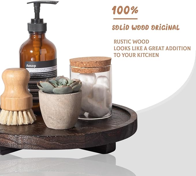 Round Decorative Tray Farmhouse Kitchen Decor Soap Dish, 10" Dark Brown | Waterproof, Lightweight, Easy Clean, Wood Riser Pedestal Stand Accessories for Office Desk, Vanity, Counter, Sink