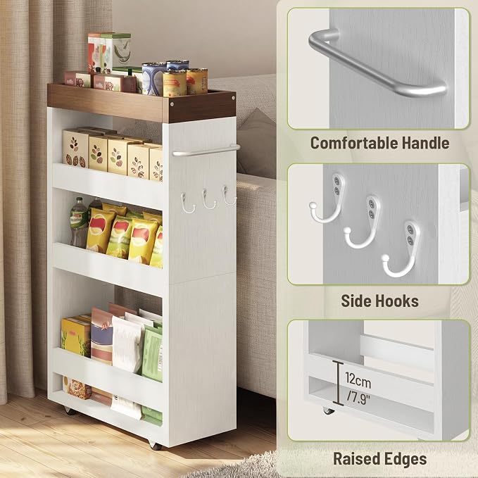 Slim Storage Cart, 4-Tier Rolling Utility Cart with Handle | Slide Out Organizer Trolley, Space Saving Narrow Shelf for Kitchen, Bathroom, Laundry Small Corners