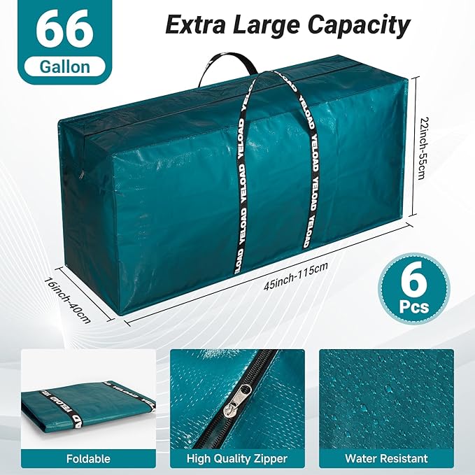 66 Gallon Extra Large Storage Bags 6 Pack – Light Green XXL Heavy Duty Waterproof Moving Tote Bags for College Dorm, Travel, Clothes & Bedding Foldable Zippered Duffle with Handles