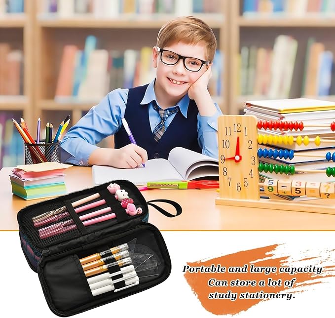 Neon Synthwave Pattern Large Capacity Pencil Case Pouch Organizer stationery Pen Bag with 3 Compartment for School College Supplies