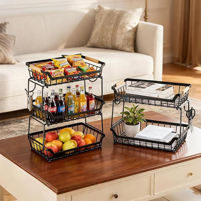 3 Tier Fruit Basket with 2 Banana Hangers for Kitchen Counter | 3-Tier Detachable Design,Metal Wire Construction, Wooden Handle, Large Capacity, Multi-Purpose Organizer,Mesh Basket