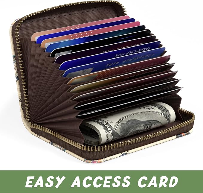 Aiawoxc Credit Card Holder, Small RFID Wallet Slim Leather Card Organizer Case with Zipper and Keychain, Cute Cat