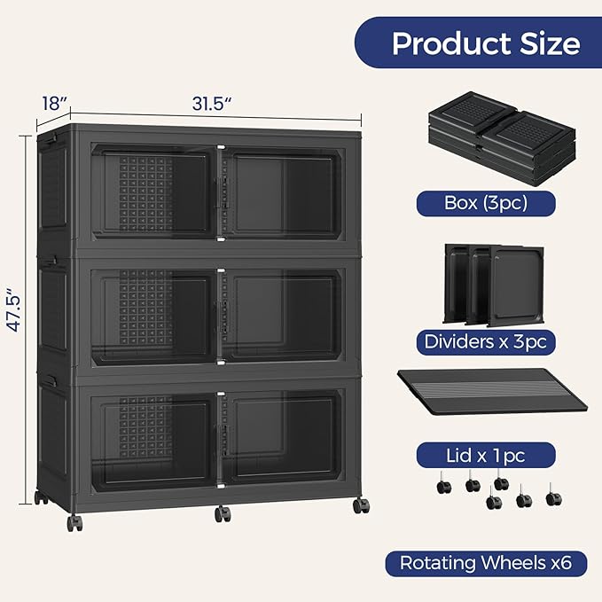 150GAL Storage Bins with Lid and Wheels, Stackable Closet Organizers and Storage Drawer, Collapsible Storage Box with Dividers, Foldable Plastic Cabinets for Room, Kitchen, 3 Pack Black