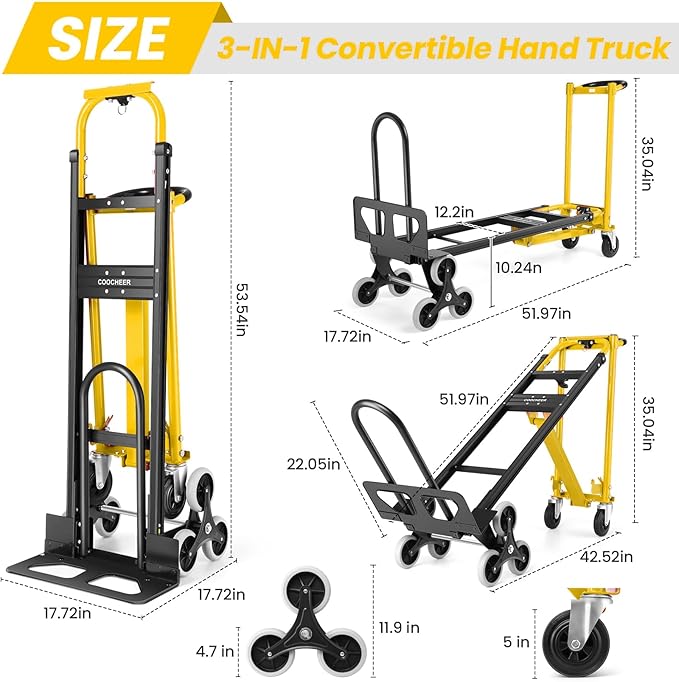 1000LBS Heavy Duty Aluminum Stair Climbing Dolly, 3 in 1 Convertible Hand Truck, Folding Hand Truck Dolly Cart with Solid Wheels for Moving/Travel/Office (Yellow)