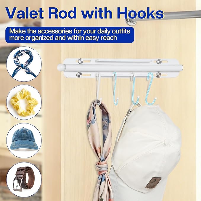 SUTINE 12 inch Valet Rod for Closet Pull Out, Heavy Duty Closet Valet Rods Slide Out, Adjustable Pull Out Closet Rods for Hanging Clothes with 4 Hooks Closet Organizers and Storage (White)