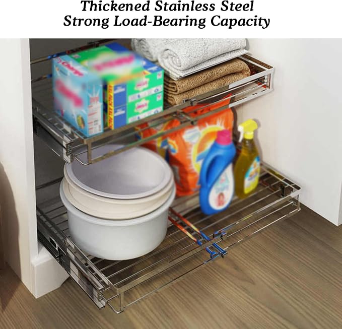 Pull Out Drawer Basket,Sliding Closet Drawer Organiser Shelves,Stackable Storage Bins,Load-bearing 10kg,for Kitchen Pantry Bathroom Cabinets(Cabinet width 41-66cm)