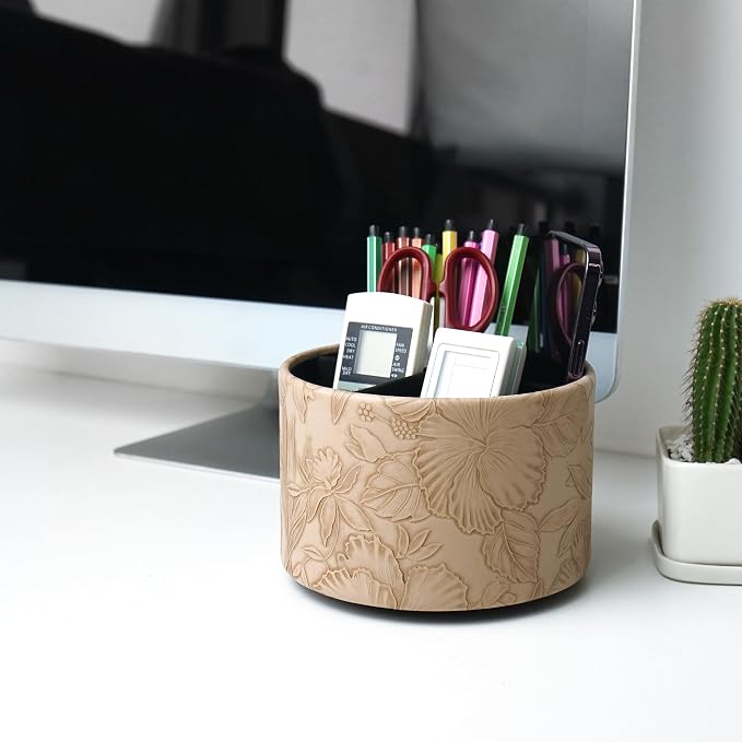 Round Leather Art Supply Organizer,Remote Control Holder,360 Degree Spinning,Multi-Functional Pencil Holder,4 Compartments Desktop Stationary Organizer(1-Carved Light Brown)