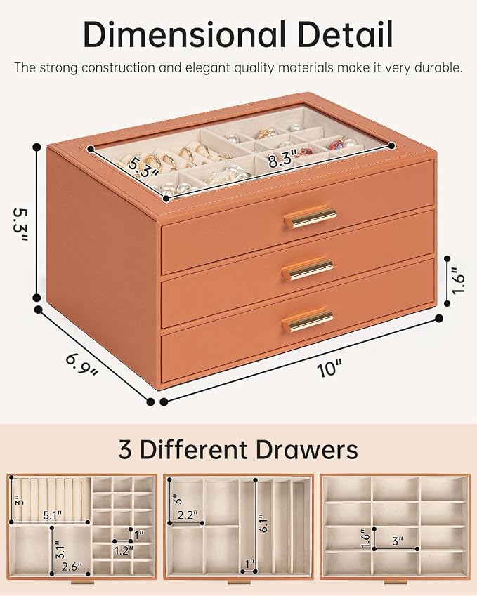 AKOZLIN Jewelry Box with Clear Lid Functional Leather Jewelry Storage Organizer Case 3 Drawers for Women Girls Necklace Ring Bracelet Earring