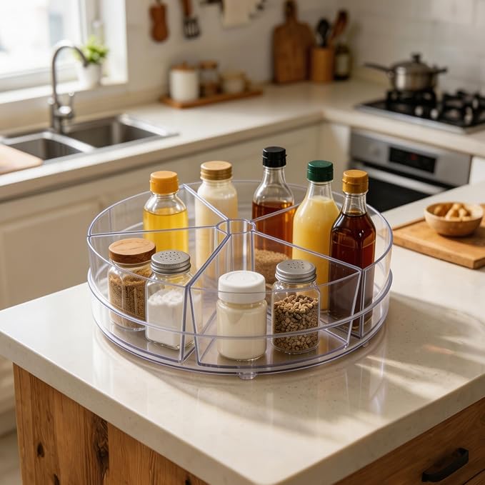 Lazy Susan Organizer, 10.5" Rotating Clear Turntable Organizer with 5 Removable Dividers, for Kitchen, Bathroom, Cabinet, Pantry, Fridge, Vanity - Spinning Storage Container for Spices, Condiments