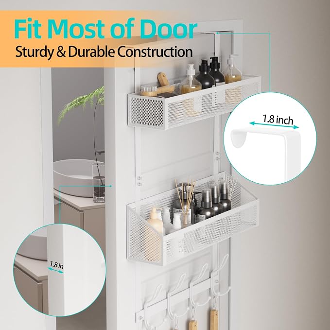 12-Hook Over Door Organizer with 2 Mesh Baskets Space-Saving 2-Tier Hanging Rack for Towels, Coats & Pantry Items, Heavy Duty Metal Storage for Bathroom, Kitchen & Bedroom, White