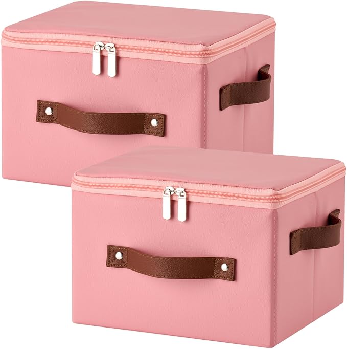 2PCS Storage Bins with Zipper Lid PU leather Storage Boxes Leather Fabric Collapsible Lidded Baskets Cube with Handle Decorative Shelves Closet Office Organizer Container(Pink, Small Size)