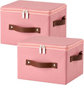 2PCS Storage Bins with Zipper Lid PU leather Storage Boxes Leather Fabric Collapsible Lidded Baskets Cube with Handle Decorative Shelves Closet Office Organizer Container(Pink, Small Size)
