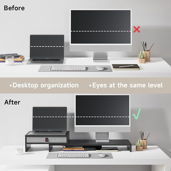 Fenge Triple Monitor Stand with Srorage Drawer, Adjustable Length and Angle | Computer Monitor Riser for 2 or 3 Monitors, Wooden Desktop Laptop Stand, Office Organizer for PC, Screen, Tablet, Black