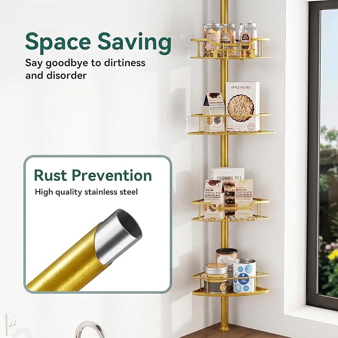 Corner Shower Caddy Tension Pole, 4 Tier Rustproof Shower Tension Rod Organizer, Adjustable 25-125 Inch Bathroom Shower Organizer Shelves for Bathtub Shampoo Storage, Gold