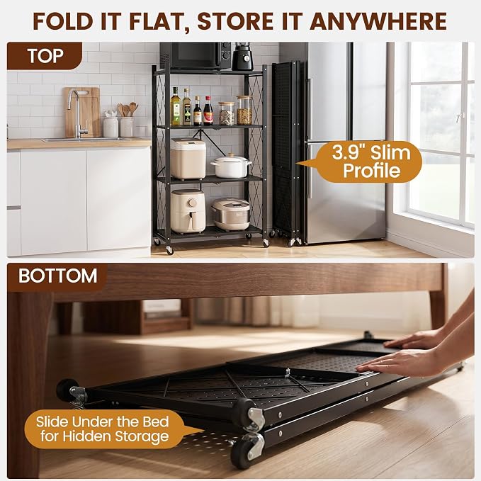 ALANNG 4 Tier Folding Storage Shelf on Wheels,Heavy Duty Metal Rolling Cart | 264 lbs Capacity, No Tools Assembly, Folds to 3.9", Lockable Casters, Portable for Kitchen Laundry Garage