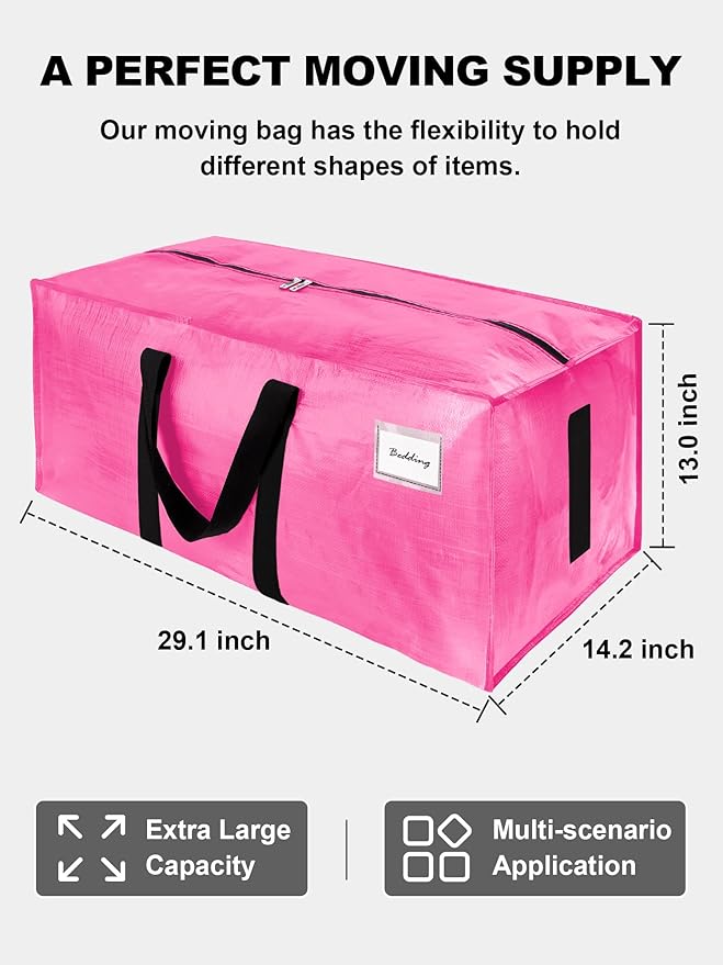 8 Pack Large Strong Moving Bags with Zippers & Carrying Handles - Water-Resistant - Heavy Duty Storage Tote for Space Saving, Fold Flat, Alternative to Moving Box (Pink)