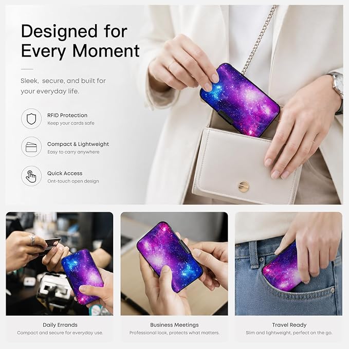 Credit Card Holder Cosmic Galaxy Mini Aluminum Wallet | Women Men, Slim Design, RFID Blocking, Metal Business ID Case