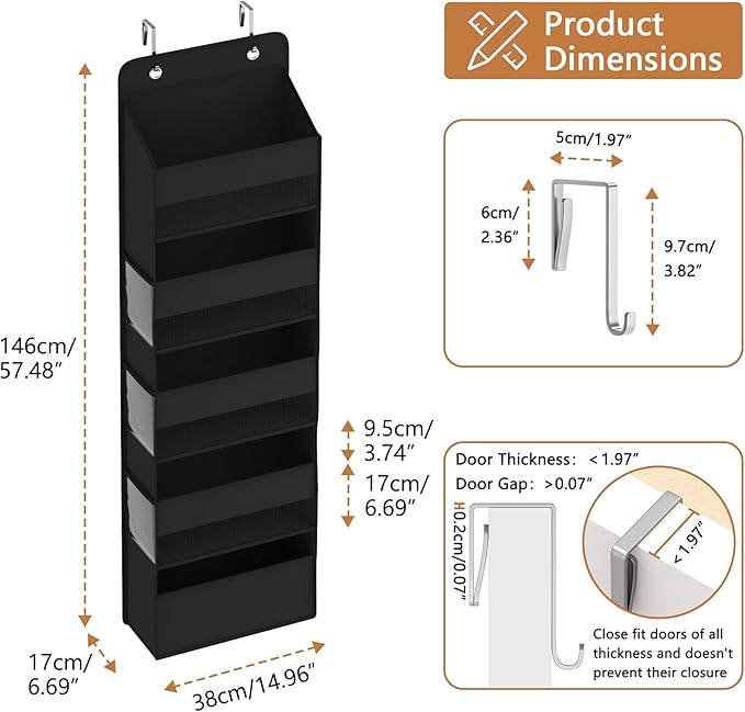 Kaitiemoo 1 Pack 5-Tier Over the Door Organizer, Heavy-Duty Large Deep Pocket Hanging With 5 Large Front & 6 Side Pockets With for Pantry, Kitchen, Bathroom, Dorm, Black
