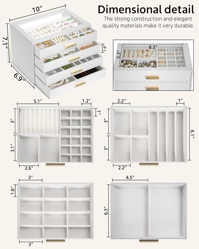 AKOZLIN Jewelry Box with Clear Lid Functional Leather Jewelry Storage Organizer Case 4 Drawers for Women Girls Necklace Ring Bracelet Earring