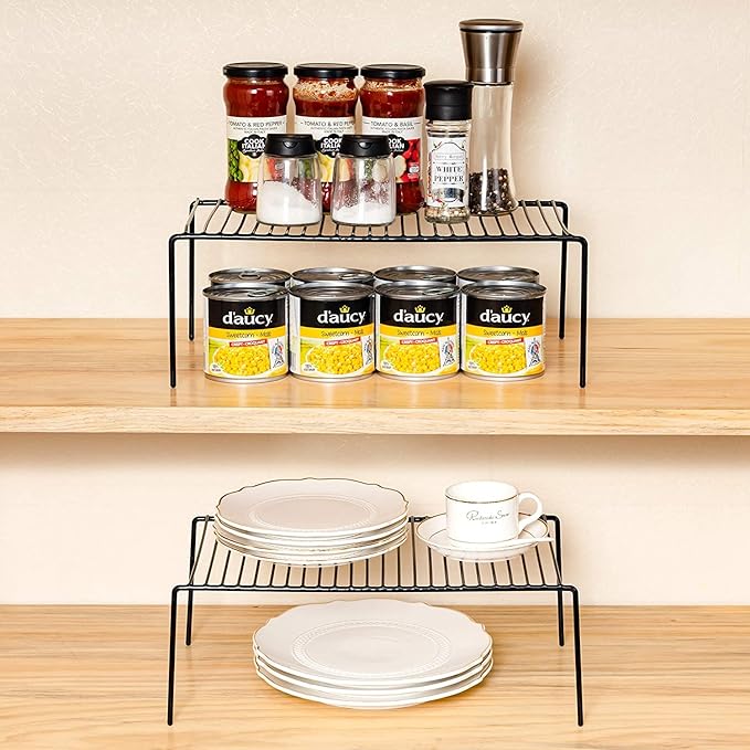 Kitchen Cabinet Shelf Organizer Set of 2, Large (15.7 x 9.4 inch) Metal Wire Pantry Storage Shelves, Dish Plate Racks for Cabinets, Freezer, Counter, Cupboard Organizers and Storage, Black