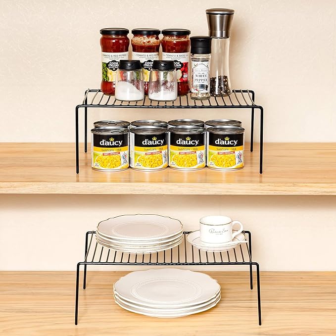 Kitchen Cabinet Shelf Organizer Set of 3, Large (15.7 x 9.4 inch) Metal Wire Pantry Storage Shelves, Dish Plate Racks for Cabinets, Freezer, Counter, Cupboard Organizers and Storage, Black