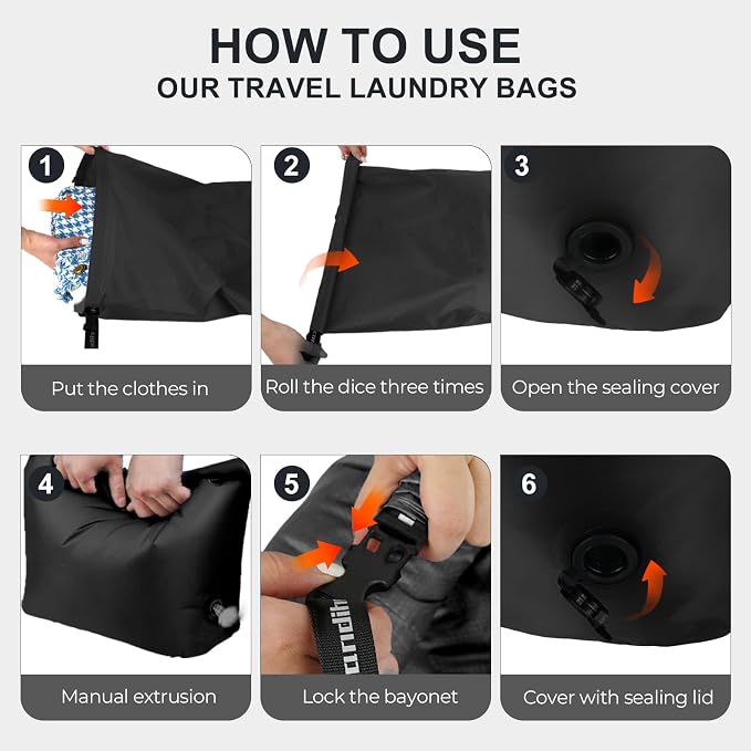 Travel Compression Laundry Bag, Pump-Free Vacuum Space Saver Bag for Dirty Clothes, Reusable Waterproof Wet Dry Bag, Travel Laundry Bag for Luggage, Packing, Suitcase (1 Pcs)（Black, L)