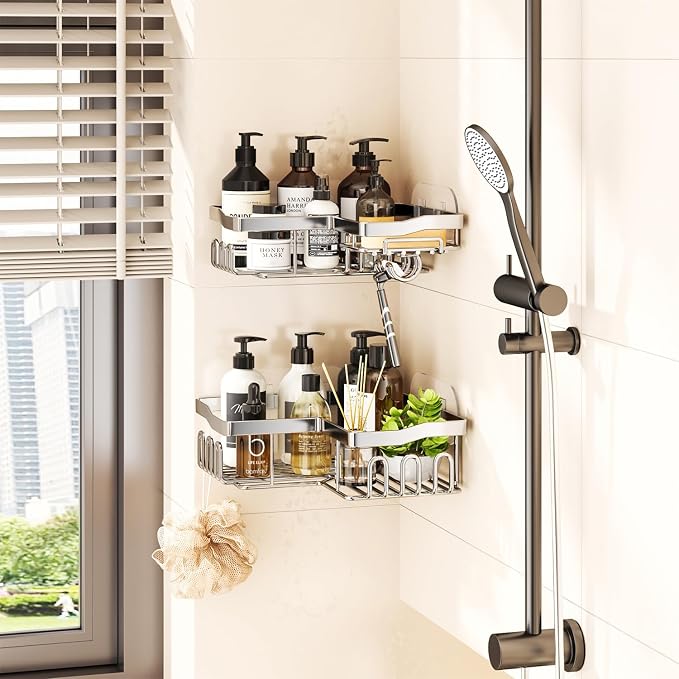 SWTYMIKI Shower Caddy Corner with Soap Holder, 2-Tier Stainless Steel Corner Shower Organizer with 11 Hooks, No Drilling & 6 Strong Adhesives Bathroom Shelf Organizer, Silver - 2 Tier
