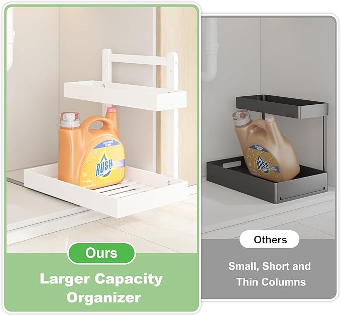 Under Sink Organizer - 1-Tier Pull Out Cabinet Organizer Vertical Slide Out Sink Shelf Storage Shelves for Multi-Purpose Bath Kitchen Bathroom Medicine (White, 2 Packs)
