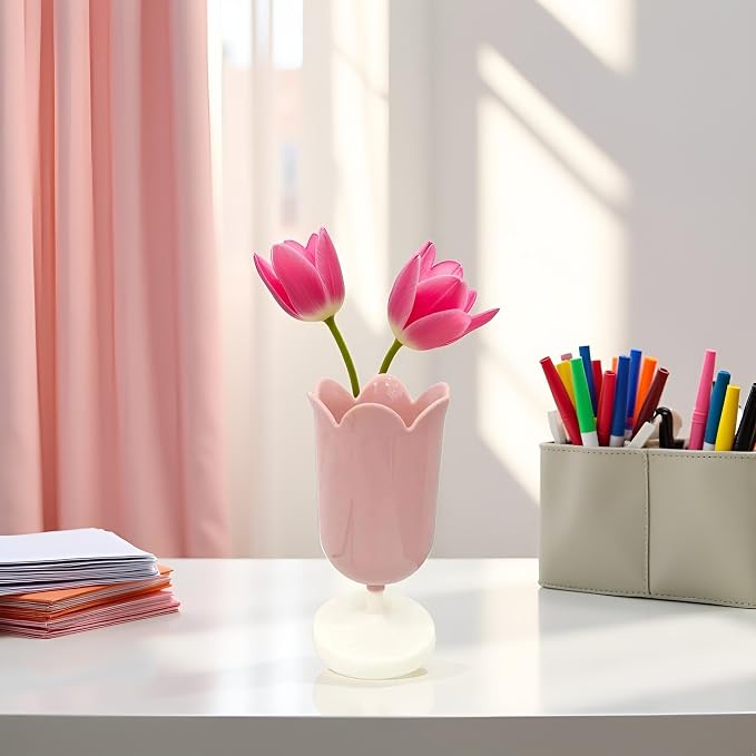 Pink Plastic Tulip Pen Holder Cute Pens Cup for Desk Pen Brush Organizer Office Stationery Supplies Home Decor Desk Supplies Holders and Dispensers(ZS399)