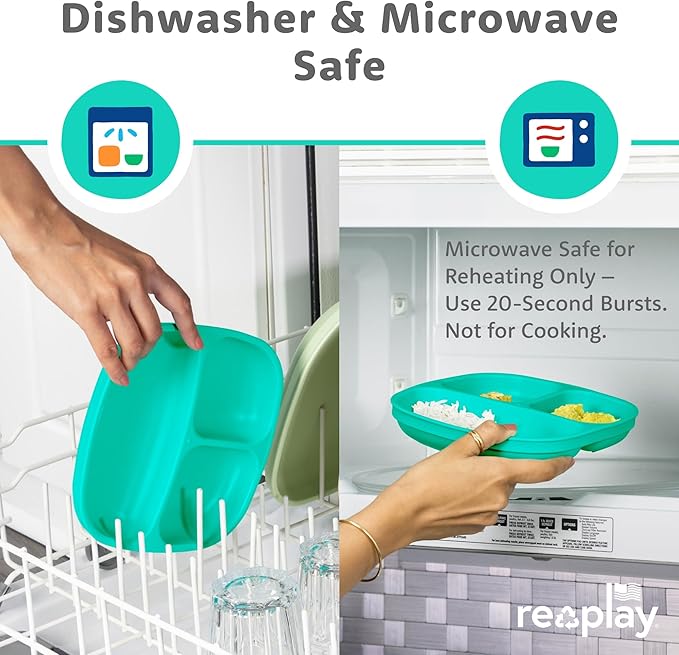 Re-Play Toddler Plates with Dividers - Deep-Walled 3 Compartments Divided Plates for Kids - Dishwasher & Microwave Safe - Made in USA - Set of 4-7.37" x 7.37" x 1.25" - True Blue