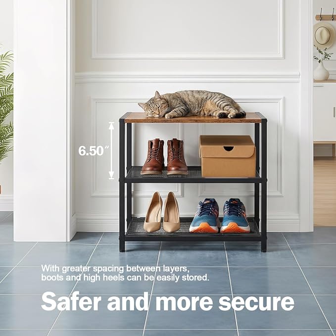 Small Narrow Shoe Rack for Entryway, 3-Tier Metal Wood Shoe Shelf | Shoe Storage Organizer, Holds 6 Pairs, Wooden Table Top, Mesh Shelves, for Front Door Entrance Closet Floor Hallway Bedroom