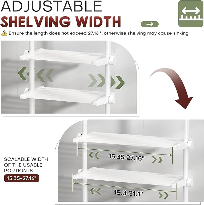 Goovilla Over The Toilet Storage Shelf, 4 Tier Bathroom Organizer Shelves with 64-124inch(H) 15-27inch(W) Adjustable No Drilling Tension Mounting, White Space Saver Bathroom Shelf Rack Above Toilet
