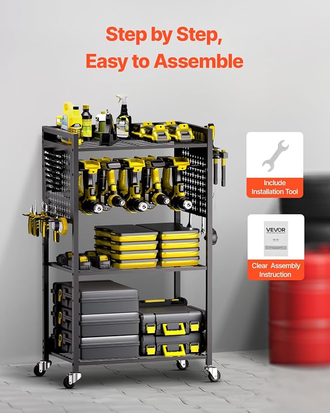 VEVOR 4-Tier Tool Organizer Cart, 150 lbs Load Capacity, Floor Stand Rolling Drill Holder and Stability Storage Rack, Heavy Duty Garage Floor Rolling Storage Cart for Workshop, Garage, Black