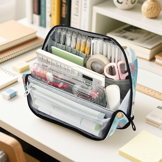 Wusikd Pencil Pouch Storage Pouch Seashells Pencil Case Large Capacity Desk Organizer Stationery Makeup Bag Marker Starfish Big Pen Case for Teen Boys Girls School Students