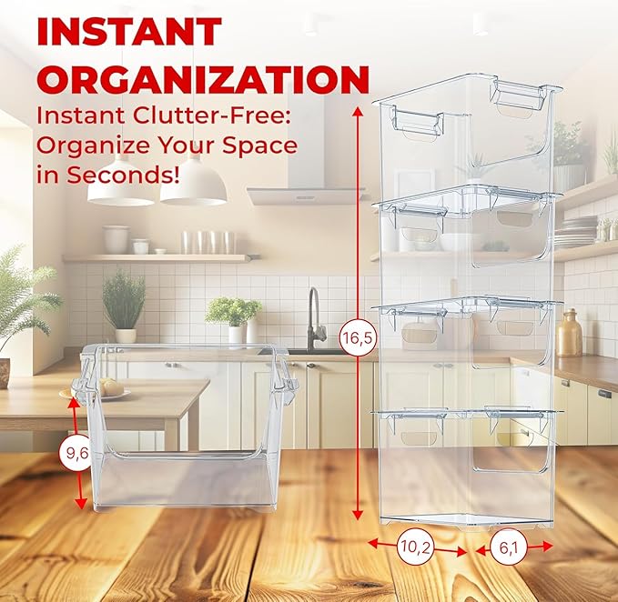 TidyFriend Stackable Storage Bins for Pantry - 4 Pack Stackable Bins for Organizing Food, Kitchen, and Bathroom Essentials (Clear)