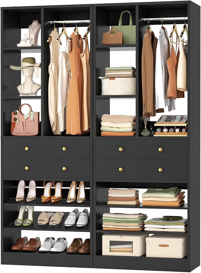 Besiost Closet System, 55.5"/4.6 FT Closet Organizer System with Drawers and Shelves, Walk-in Closets Systems for Small Closets, Free Standing Reach in Closet Tower, Load 1200+LBS, Black 2 Pack