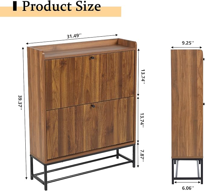 RARZOE Set of 2 Fluted Shoe Cabinets for Entryway with 2 Flip Drawers, Narrow Wood Shoe Cabinet with Fluted Panel, Freestanding Hidden Shoe Rack with Metal Legs for Foyer,Hallway(31.5''Walnut)