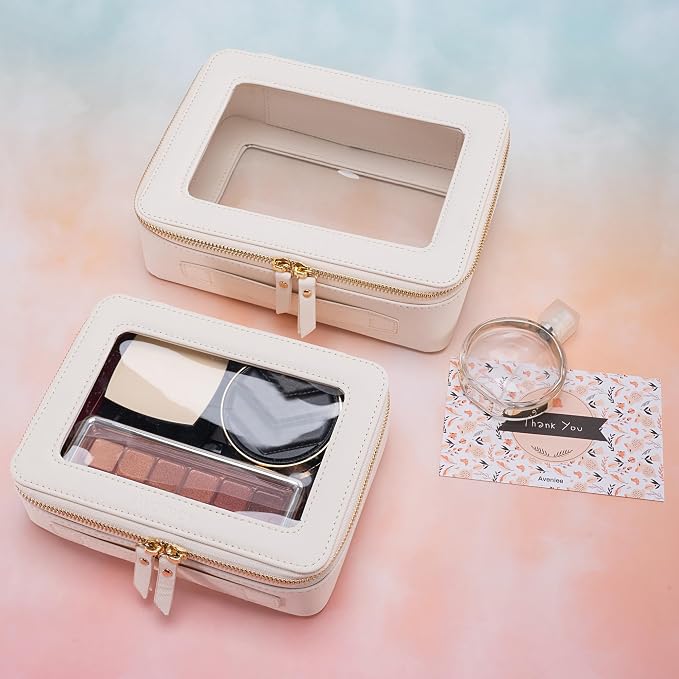 Aveniee Clear Makeup Bag Organizer, Travel Toiletry Bag Cosmetic Case for Women, Make Up Skincare Pouch Car Organizer Bag with Zippers for Essentials,White,Medium Classic