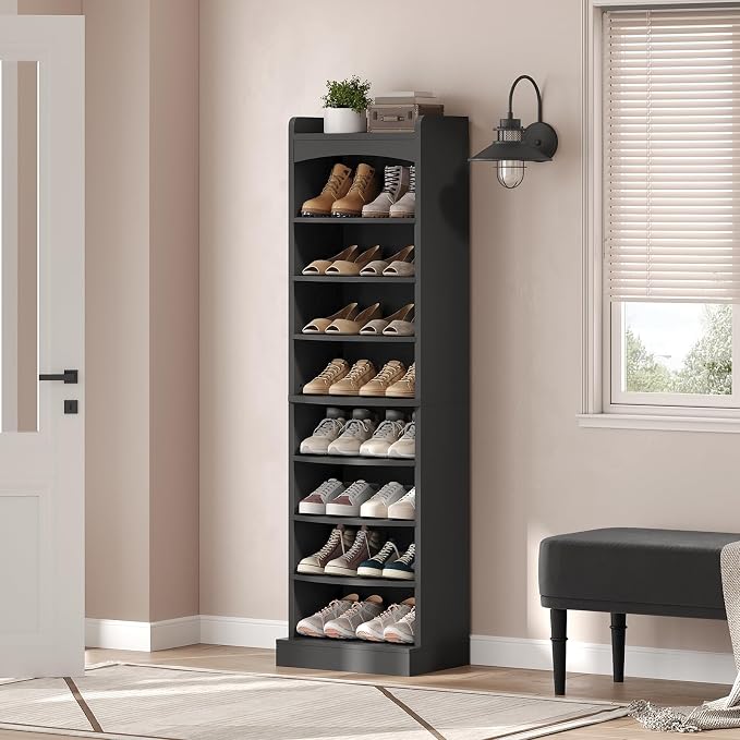YATINEY 9-Tier Tall Shoe Rack, Wooden Shoe Storage Organizer, Narrow Shoe Cabinet with Removable Shelves for Small Spaces, Holds 18 Pairs of Shoes, for Entrance, Hallway, Black SS22BK