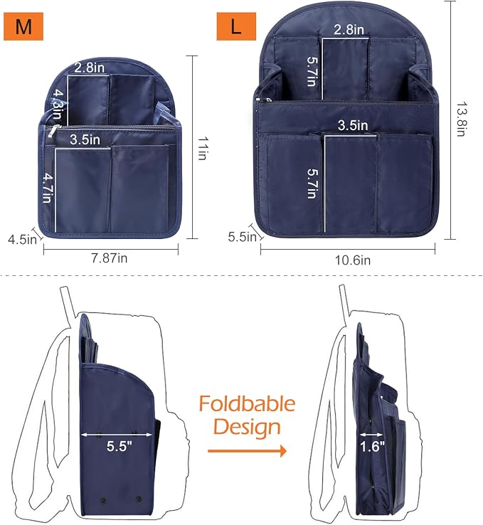Surblue Backpack Organizer Insert Liner Hanging Travel Rucksack Purse and Handbag Insert Pocket, High-capacity Divider Foldable Nylon Shoulder Bag Organizer for Men and Women, (Navy, L)