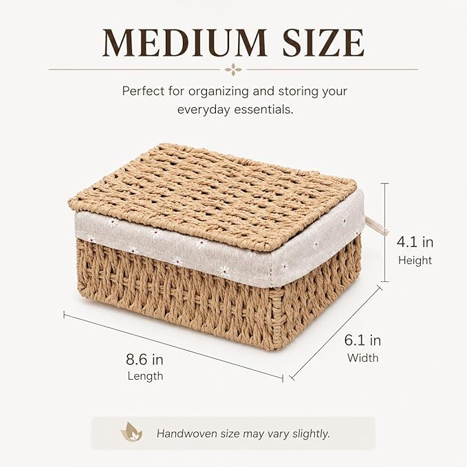 1PC Woven Storage Basket with Lid for Shelf-Khaki Medium | Bathroom, Closet & Shelf Storage Basket, Sewing & Towel Basket, Blanket & Toy Storage, Woven Basket with Liner