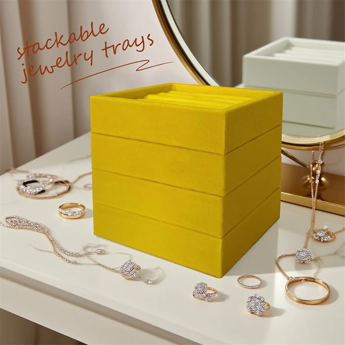 SCIKHETF Velvet Ring Earrings Studs organizer Tray Small Ring Insert Display Tray 5 Slots Stackable (Yellow)
