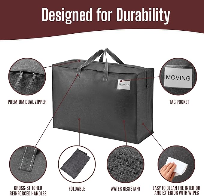 VENO 4 Pack Heavy Duty Moving Bags, Storage Bags, Packing Supplies, Top Zipper, Storage Totes for Camping, Clothes, Bedding, Comforters, Pillows (27 Gallon Dark Gray, 4 Pack)