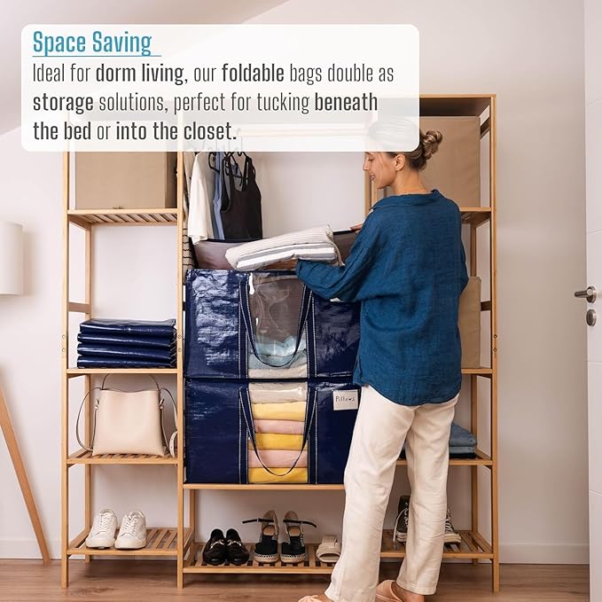 VENO 2 Pack Moving Bags with Clear Window, Heavy Duty Storage Bins with Lid, Around Handles, Tag, Zippers, Extra Large Totes Packing Moving Boxes Supplies for College Dorm Clothes (Blue, 2 Packs)