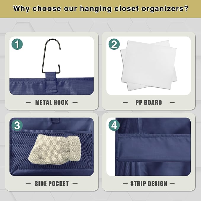 3-Shelf Hanging Closet Organizer and Storage, Foldable Hanging Closet Shelves Front Lip Design Washable Hanging Storage, Navy Blue